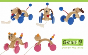Tahací hračky - tahací kočička a tahací pejsek z kvalitního bukového dřeva. Praktické hračky značky GREENKID od společnosti ABAfactory. Pohyblivé hračky. Dřevěná hračka pes a kočka.
