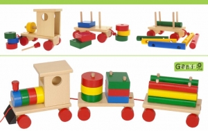 Kvalitní a bezpečné tahací hračky Greenkid. Dřevěný vláček a barevné kostky pro děti od českého výrobce Abafactory.