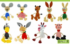 Dřevěná zvířátka - figurky Greenkid: myška - liška - zajíc - havran - kravička - prasátko. Dřevěné hračky a dekorace do dětského pokoje. Kvalitní a bezpečné výrobky od Abafactory.