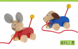 Dřevěná tahací zvířátka s rolničkou Greenkid - Pejsek a Myška od Abafactory českého výrobce kvalitních dřevěných hraček a dekorací pro děti.