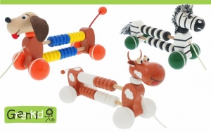 Tahací dřevěné hračky Greenkid. Zvířátka na kolečkách s počítadlem pro kluky a holky. Zebra-pejsek-kravička. Český výrobce kvalitních dřevěných hraček Abafactory.